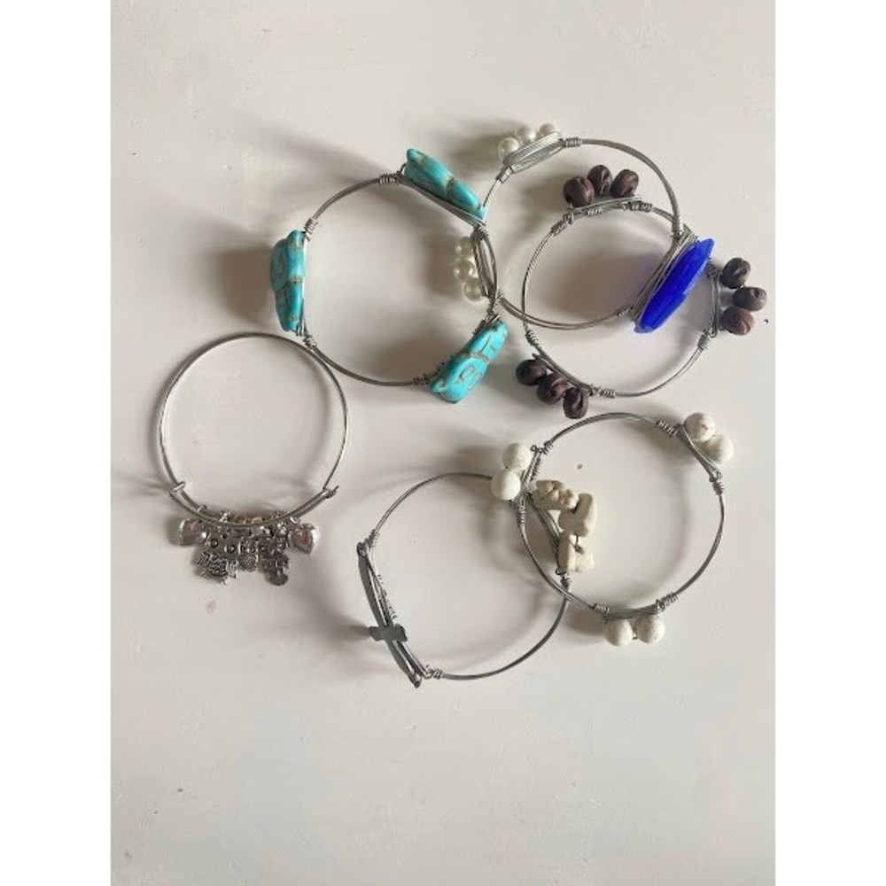 Lot of 5 Expandable Wire Charm Bracelets Owl Cross Turquoise‎ Style Blue State